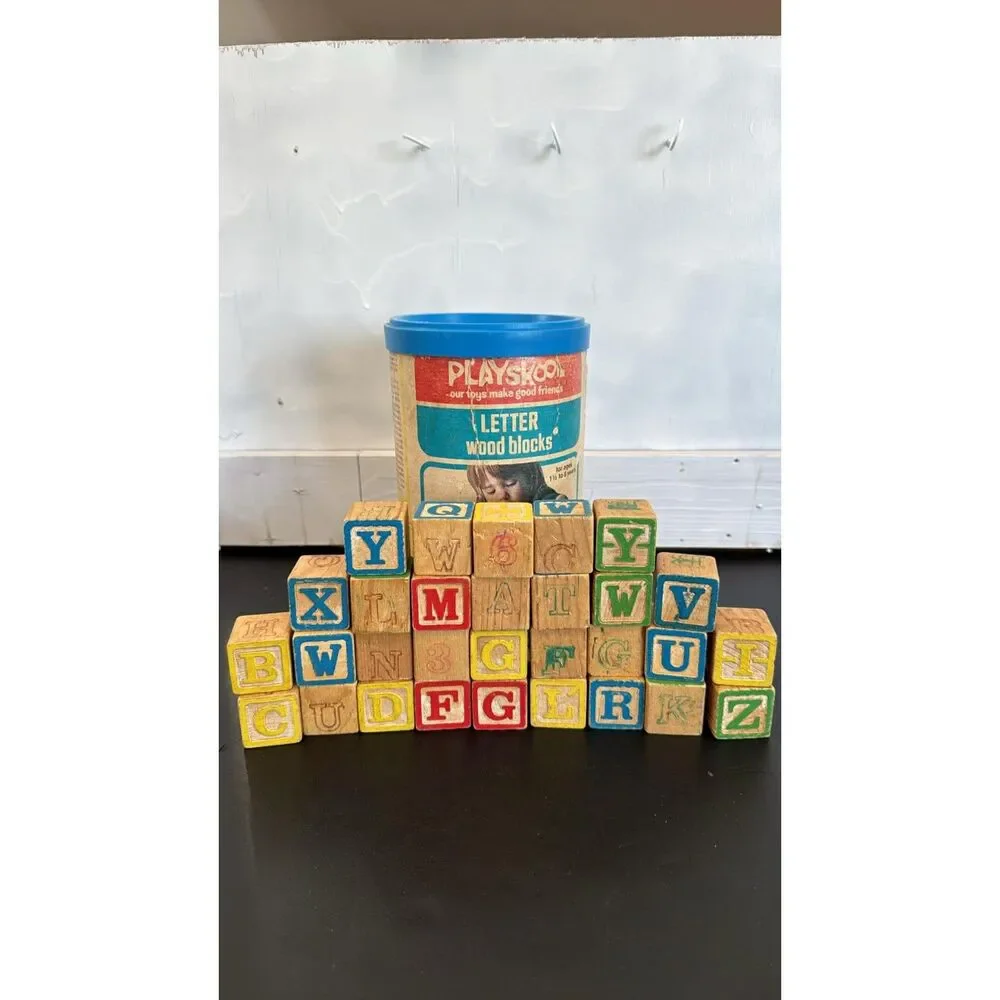 Vintage 1977 Playskool Colored Wood Blocks w/Original Canister